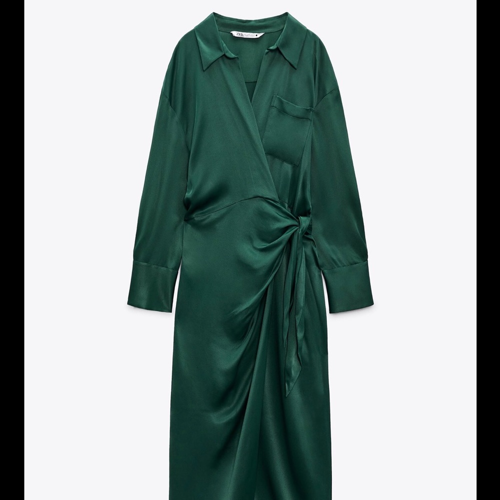 Zara Emerald Green Satin Wrap Midi Dress
